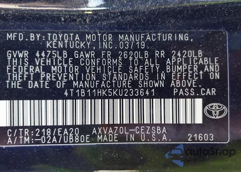 2019 Toyota Camry Se z USA, uszkodzony, nr VIN 4T1B11HK5KU233641